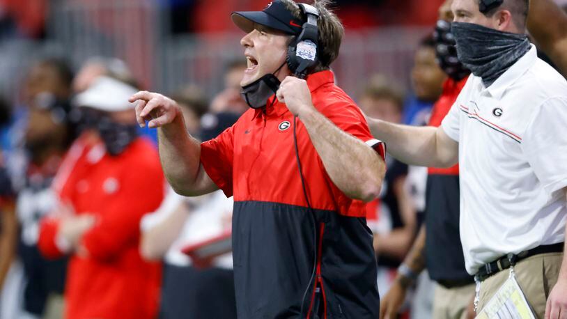 Head coach Kirby Smart of the Georgia Bulldogs reacts to a play during the 2020 Chick-fil-A Peach Bowl NCAA football game between the Georgia Bulldogs and Cincinnati Bearcats, Jan. 1, 2021, in Atlanta. (Vasha Hunt via Abell Images for the Chick-fil-A Peach Bowl)