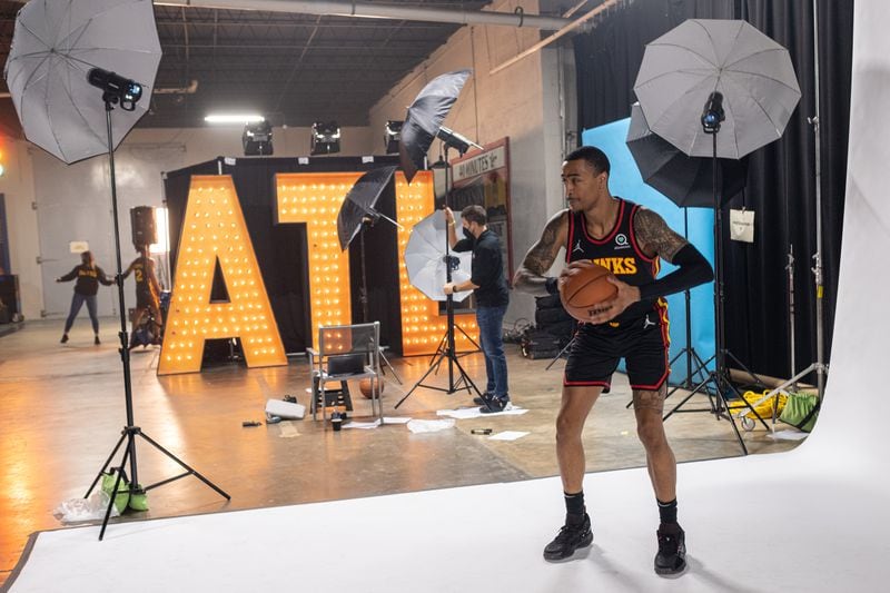 John Collins poses for a photo during Hawks media day Monday, Sept. 27, 2021. (Ben@BenGray.com)