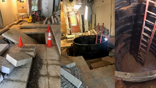 These are three photos taken between July and September 2018 of a deep void that was found underneath the building at 1071 Piedmont Ave NE.