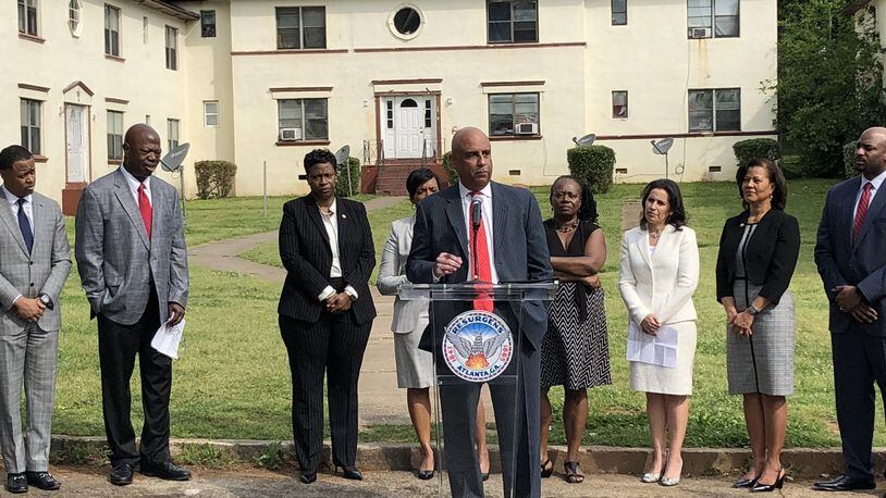Dr. Christopher Edwards, chairman of Atlanta Housing Authority, speaks during a press conference Thursday, April 25, 2019, to announce a commitment of authority funds to benefit Mayor Keisha Lance Bottoms’ pledge to boost affordable housing by $1 billion. J. SCOTT TRUBEY/STRUBEY@AJC.COM