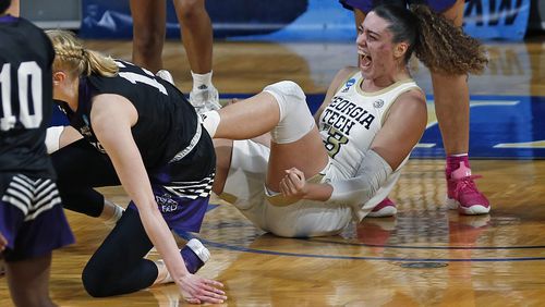 Georgia Tech forward Lorela Cubaj (13) reacts after getting a charge call against Stephen F. Austin during the second half of their first-round game of the women's NCAA Tournament Sunday, March 21, 2021, at the Greehey Arena in San Antonio, Texas. (Ronald Cortes/AP)