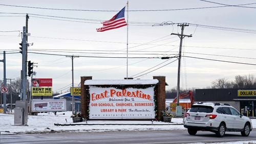 A welcome sign greets motorists, Monday, Jan. 22, 2024, in East Palestine. (Matt Freed for the Atlanta Journal Constitution)
