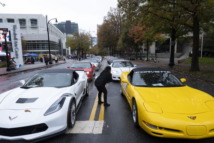 Corvettes line up at the beginning of the 42nd annual Georgia Veterans Day Parade in Midtown Atlanta on Saturday, Nov. 11, 2023.   (Ben Gray / Ben@BenGray.com)