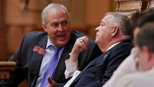 Mar. 22, 2016 - Atlanta - Rep. Chuck Martin (R - Alpharetta) confers with Speaker David Ralston as the House goes into the evening. Today, Tuesday, is Day 39 of the 40-day legislative session. Both the Senate and the House have full calendars and are expected to go late into the evening. BOB ANDRES / BANDRES@AJC.COM