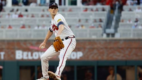 Braves starting pitcher Kyle Wright (30) throws a pitch to a Philadelphia Phillies batter during the first inning at Truist Park on Monday, Sept. 18, 2023, in Atlanta. 
Miguel Martinez / miguel.martinezjimenez@ajc.com 