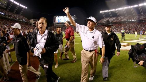 COLUMBIA, SC - SEPTEMBER 13: Head coach Steve Spurrierof the South Carolina Gamecocks reacts after defeating the Georgia Bulldogs 38-35 at Williams-Brice Stadium on September 13, 2014 in Columbia, South Carolina. (Photo by Streeter Lecka/Getty Images)