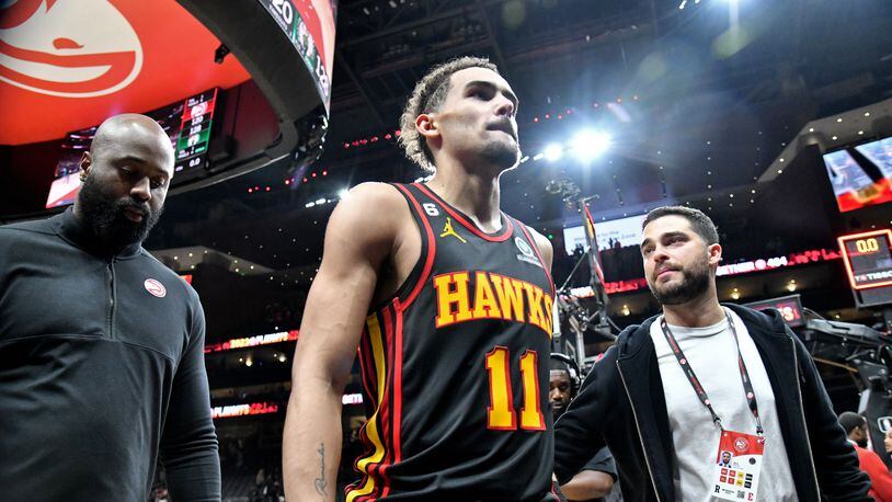 Hawks' guard Trae Young leaves the court after Celtics won Game 6 of the first round of the Eastern Conference playoffs at State Farm Arena, Thursday, April 27, 2023, in Atlanta. (Hyosub Shin / Hyosub.Shin@ajc.com)