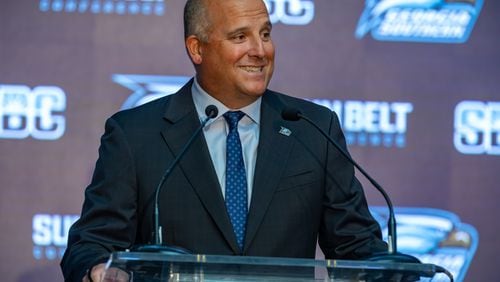 Georgia Southern coach Clay Helton is enjoying his new life in Statesboro. (Photo by AJ Henderson/Sun Belt Conference)