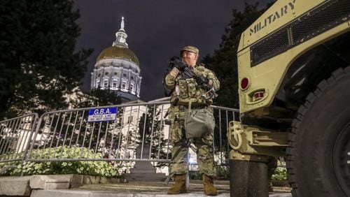 July 8, 2020 Atlanta: Specialist, O’Donnell was posted guard in front of the Georgia State Capitol building on Wednesday, July 8, 2020. JOHN SPINK/JSPINK@AJC.COM