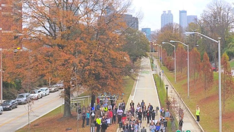 The City of Atlanta and Dr. G.P. ‘Bud’ Peterson celebrated the Grand Opening of PATH Parkway at Georgia Tech on Tuesday, Dec. 5. PATH Parkway is a tree-lined walking and biking facility connecting West Midtown, Georgia Tech and the Coca-Cola headquarters to Centennial Olympic Park. CONTRIBUTED
