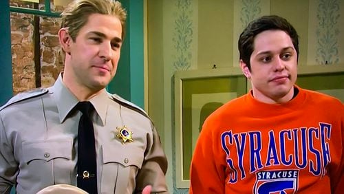 John Krasinski and Pete Davidson in an "SNL" skit merging Southern stereotypes with "liberal" values. NBC
