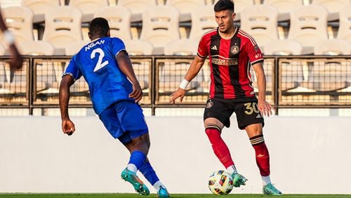 Atlanta United midfielder Nick Firmino #30 dribbles the ball during the US Open Cup match against the Charlotte Independence at Fifth Third Bank Stadium in Kennesaw, GA on Tuesday May 7, 2024. (Photo by  Madelaina Polk/Atlanta United)