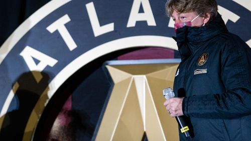 Atlanta United celebrates the beginning of their 5th season with unveiling the 2021 team uniforms and the introduction of new coach Gabriel Heinze on Friday, Feb 26, 2021 during a drive-in at the Home Depot Backyard.  (Jenni Girtman for The Atlanta Journal-Constitution)