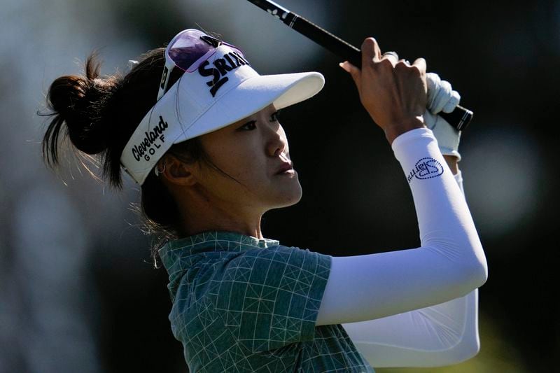 Grace Kim hits from the 11th tee during the third round of the LPGA's JM Eagle LA Championship golf tournament at Wilshire Country Club, Saturday, April 27, 2024, in Los Angeles. (AP Photo/Ashley Landis)