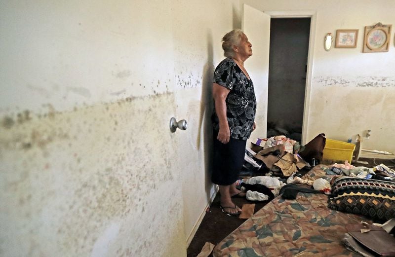 Flood victim Florentina Amaya, 71, looks at the mold growing inside her home in the aftermath of Hurricane Harvey in Houston. (AP Photo/David J. Phillip)
