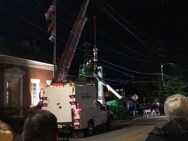 A circa-1913 Confederate monument was dismantled in the early morning hours of July 1, 2020, in front of the Rockdale County Courthouse in Conyers.