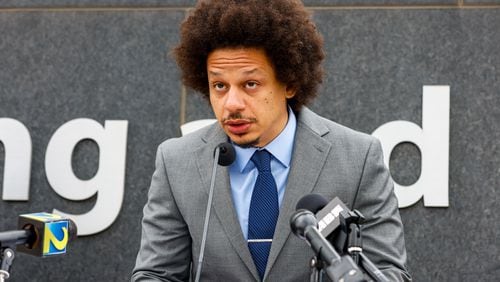 Actor and comedian Eric André speaks at a press conference in front of the Richard B. Russell federal courthouse in Atlanta on Tuesday, October 11, 2022. André and actor and comedian Clayton English filed a lawsuit alleging they were racially profiled during a 2021 search at Hartsfield-Jackson airport. (Arvin Temkar / arvin.temkar@ajc.com)