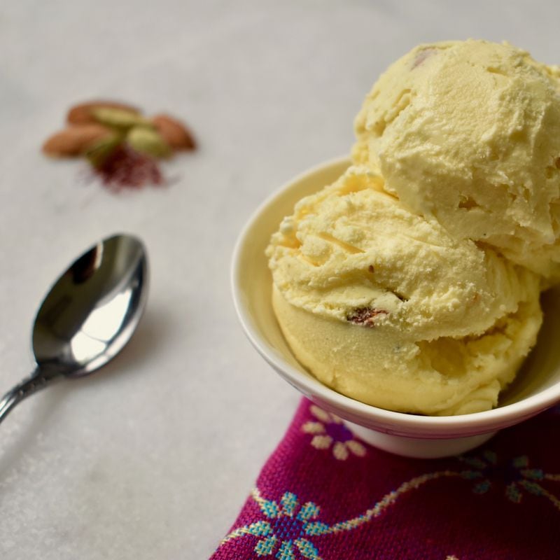 Cardamom, saffron, almonds and pistachios enliven this frozen treat, Badam Milk Ice Cream. It's  throwback to a traditional Indian milk drink. CONTRIBUTED: ICECREAM WALLA