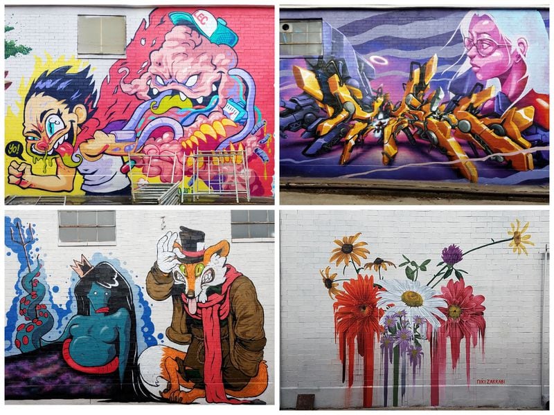 Artoberfest murals painted in 2018. A sampling of murals by four of the artists, clockwise from upper left: Killamari, Mr. Totem, Niki Zarrabi, and Chris Alvarez/Courtney Hicks. Courtesy of streetartmap.org