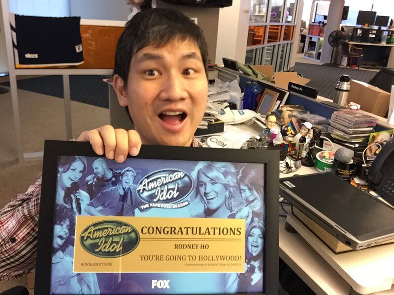 Fox over the years has provided swag every year, including a gumball machine, playing cards and a headset. This year, they sent me a personalized golden ticket to Hollywood, framed. Sweet! CREDIT: Rodney Ho/rho@ajc.com in selfie mode