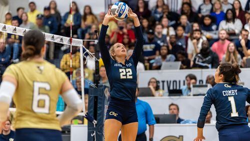 Georgia Tech setter Matti McKissock, here in a match against N.C. State on November 17, 2019, at O'Keefe Gymnasium, was named the ACC's setter of the year and first-team All-ACC on December 2, 2019. (Danny Karnik/Georgia Tech Athletics)