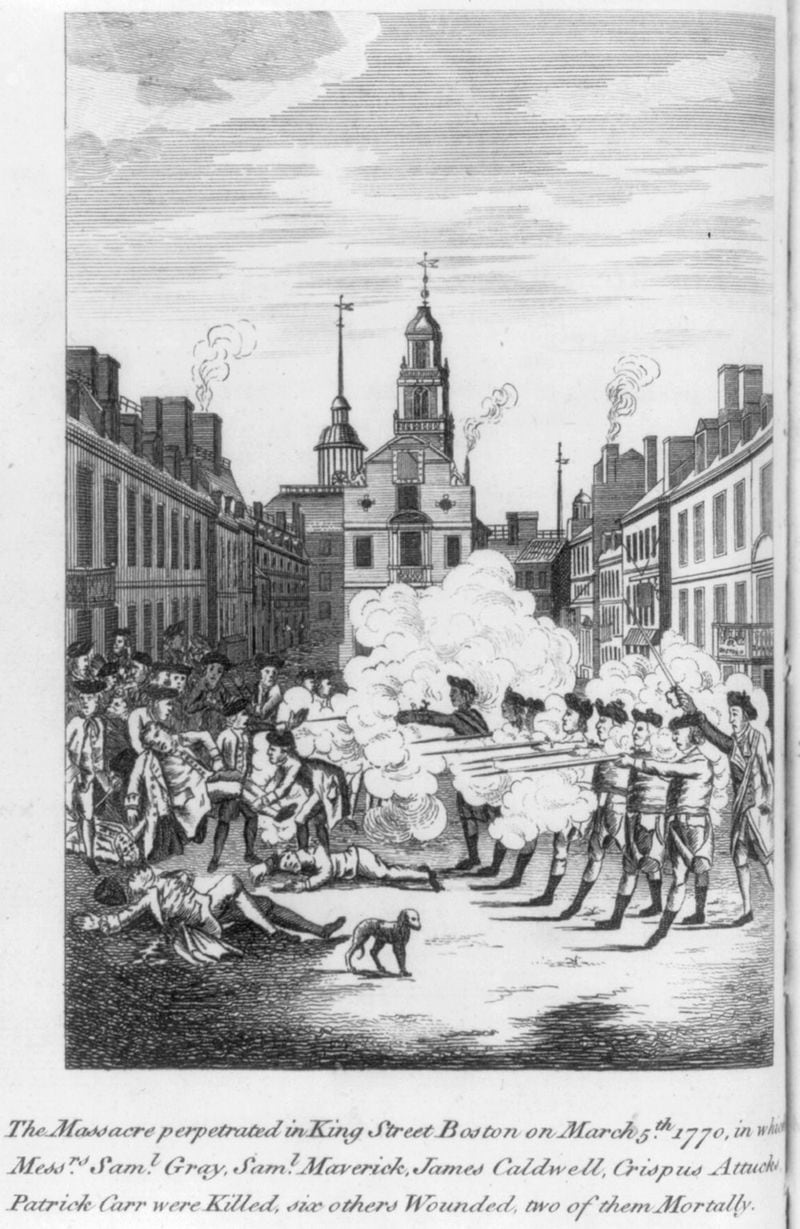 An engraving from 1770 of the Boston Massacre, where British troops fired upon citizens. Crispus Attucks was among those killed. The full caption reads: "The massacre perpetrated in King Street Boston on March 5th 1770, in which Messrs Saml. Gray, Saml. Maverick, James Caldwell, Crispus Attucks, Patrick Carr were killed, six other wounded, two of them mortally." (Library of Congress)