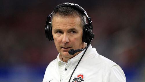 Head coach Urban Meyer of the Ohio State Buckeyes during the Goodyear Cotton Bowl against the USC Trojans Dec. 29, 2017, at AT&T Stadium in Arlington, Texas.