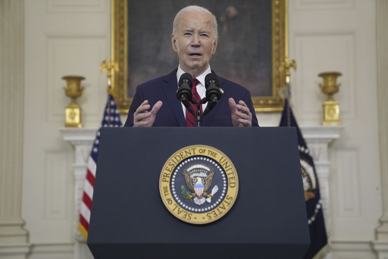 President Joe Biden speaks before signing a $95 billion Ukraine aid package that also includes support for Israel, Taiwan, and other allies, in the State Dining Room of the White House, Wednesday, April 24, 2024, in Washington. (AP Photo/Evan Vucci)\