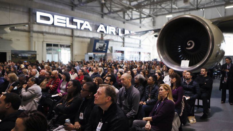 1/11/19 - Atlanta - The event drew several hundred people. Delta CEO Ed Bastian and Atlanta Mayor Keisha Lance Bottoms were on hand during a National Human Trafficking Awareness Day event held at the Delta Flight Museum in Atlanta, Delta premiered a new campaign that the airline is debuting in airports and onboard during the month of January to engage customers, train employees and raise awareness of human trafficking in advance of the Super Bowl. Bob Andres / bandres@ajc.com