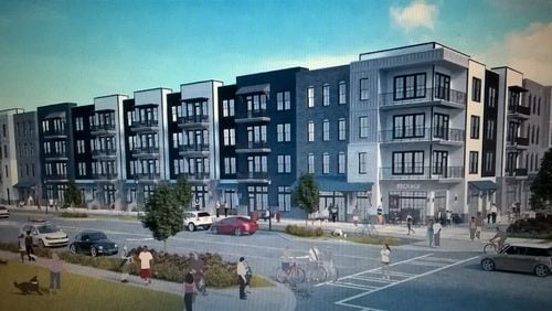 An artist’s rendering of Riverview Landing shows the appearance of the apartments that will total 580 in addition to 188 townhouses and 48 single-family houses along the Chattahoochee River. (Courtesy of Smyrna)