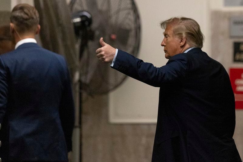 Former President Donald Trump exits the courtroom during a break at Manhattan criminal court before his trial in New York, Friday, April 26, 2024. (Jeenah Moon/Pool Photo via AP