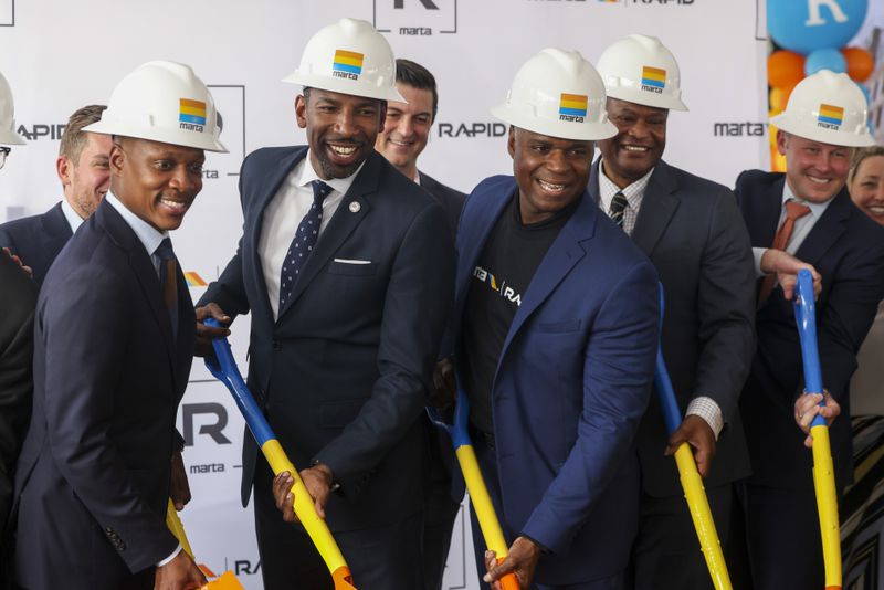 Atlanta mayor Andre Dickens and MARTA CEO Collie Greenwood participate in the groundbreaking ceremony for MARTA’s Summerhill Bus Rapid Transit Line at the corner of Hank Aaron Drive and Georgia Avenue, Thursday, June 15, 2023, in Atlanta. (Jason Getz / Jason.Getz@ajc.com)