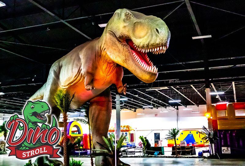 Animatronic dinosaurs move and make sounds at the Dino Stroll at Cobb Galleria Centre.