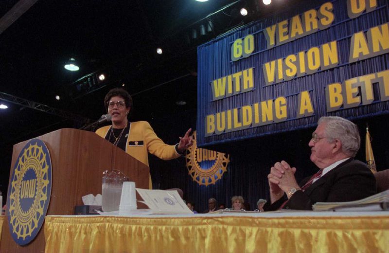 Myrlie Evers-Williams, chair of the NAACP, speaking to the UAW convention in June 1995. UAW president Bieber at right. (AP Photo/File)