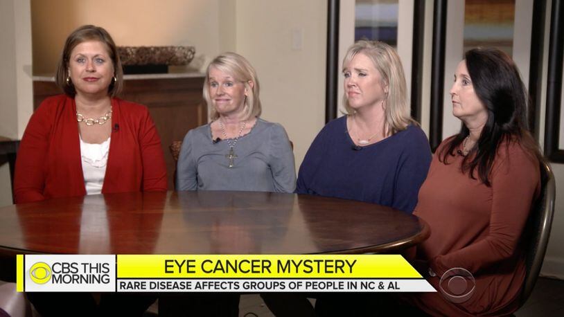 Ashley McCrary (from left), Allison Allred, Juleigh Green and Lori Lee all attended Auburn University and have been diagnosed with ocular melanoma. They recently spoke with “CBS This Morning” (shown in a screen grab) about the mysterious rise in OM diagnoses among people in two locations in Alabama and North Carolina.