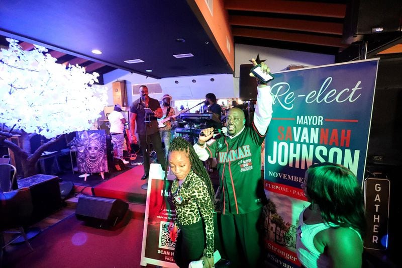 Savannah Mayor Van Johnson celebrates and thanks supporters as a band performs during his re-election party on Tuesday, November 7, 2023 at Odyssey Lounge on Fairmont Avenue in Savannah.