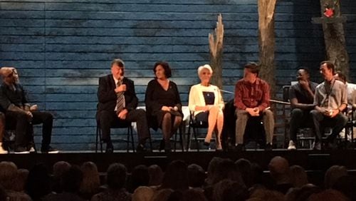 The cast of "Come From Away" joined (from left) Claude Elliott, former mayor of Gander; Lisa Pierce from Air Canada; Beverley Bass, former American Airlines pilot; and Kevin Tuerff, passenger and author, for a panel discussion at the Fox Theatre following the June 25, 2019 performance of the musical.