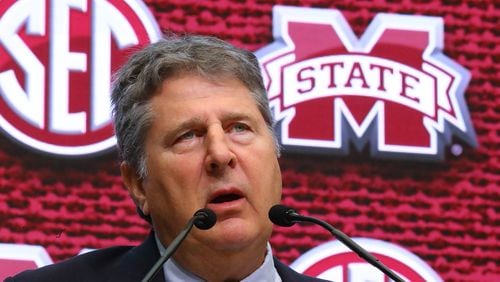 Mississippi State coach Mike Leach holds his press conference at SEC Media Days in the College Football Hall of Fame on Tuesday, July 19, 2022, in Atlanta.   “Curtis Compton / Curtis Compton@ajc.com”