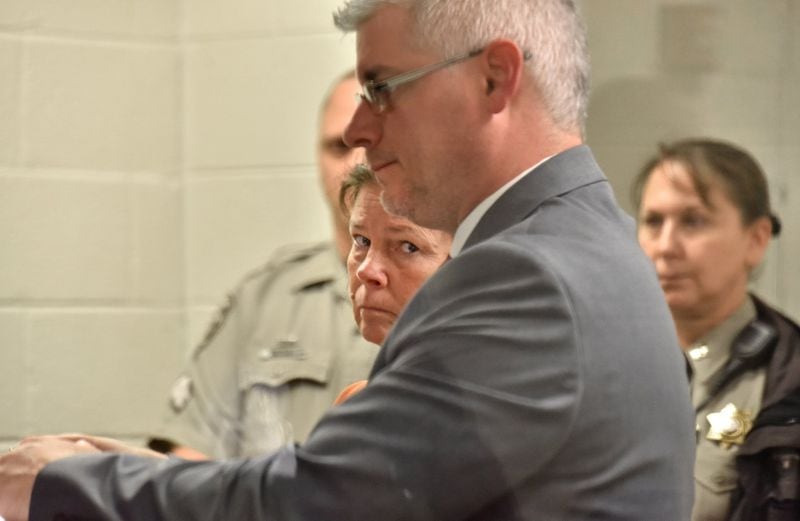 June 21, 2019 Canton - Melody Farris appears with her attorney Michael Ray (foreground) for first appearance before Chief Judge James Drane at Cherokee County Magistrate Court in Cherokee County Detention Center in Canton on Friday, June 21, 2019. Melody Farris accused of killing her husband, attorney Gary Farris, maintains her innocence. HYOSUB SHIN / HSHIN@AJC.COM
