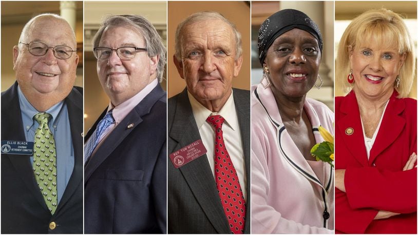 Five longtime lawmakers are retiring from the Georgia General Assembly this year after serving for at least 20 years. From left: state Sen. Ellis Black, R-Valdosta; state Sen. Steve Henson, D-Stone Mountain; state Rep. Tom McCall, R-Elberton; state Rep. “Able” Mable Thomas, D-Atlanta; and state Sen. Renee Unterman, R-Buford. ALYSSA POINTER/ALYSSA.POINTER@AJC.COM