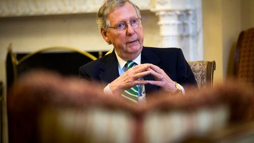 FILE -- Sen. Mitch McConnell, the majority leader, who has put together a series of proposals, many of them measures to tighten tax law compliance, others to trim spending, at his office in Washington, June 25, 2015. More than 30 times over the past six years, Congress has mustered the money only for short-term extensions of the federal highway trust fund, the equivalent of repeatedly putting $5 of gas in an empty tank. (Doug Mills/The New York Times)
