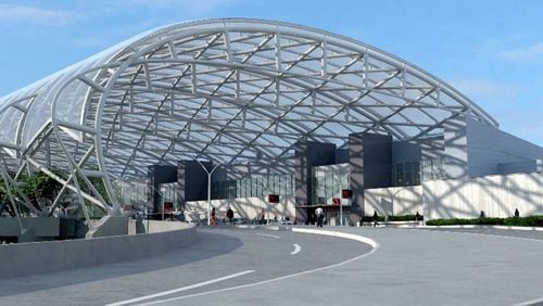 Rendering of curbside canopies to be built at Hartsfield-Jackson International Airport. The complexity of the design requires deep support pillars and other work that has driven up the initial cost estimate by more than 60 percent.