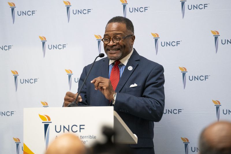 Clark Atlanta University President George T. French, Jr. discusses a $100 million dollar grant from Lilly Endowment Inc. to the United Negro College Fund at Clark Atlanta University on Thursday, Jan. 11, 2024. The UNCF plans to use the $100 million grant to create a pooled endowment fund that will support education initiatives at Clark Atlanta and about three dozen other historically Black colleges and universities nationwide. (Olivia Bowdoin for the Atlanta Journal-Constitution).