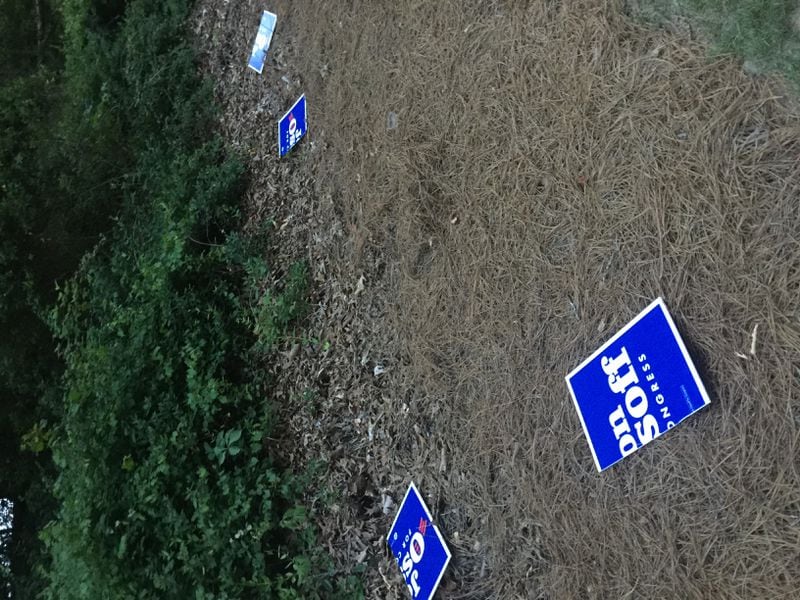 Jessica W. lives in Marietta-East Cobb and says her Jon Ossoff campaign signs are ripped up every time she puts them out. (Contributed)