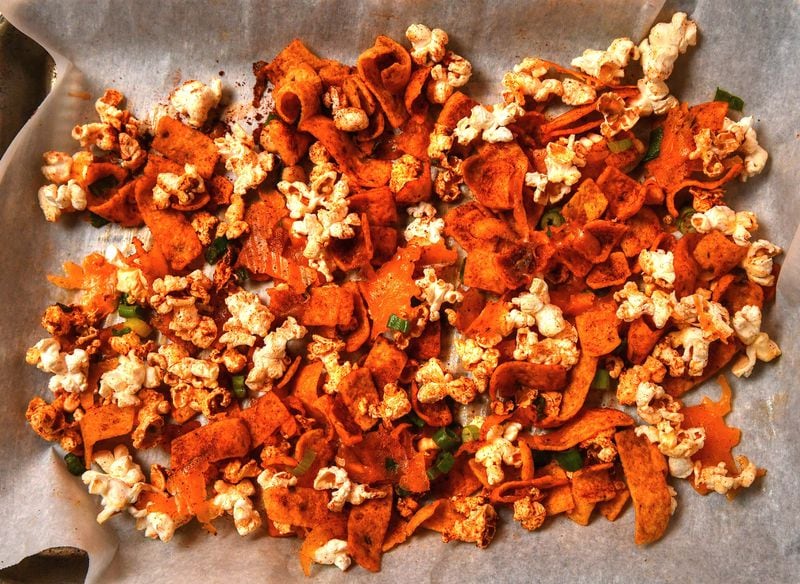 You can spice up movie night at home with Frito Pie Popcorn. (Styling by Susan Puckett / Chris Hunt for the AJC)