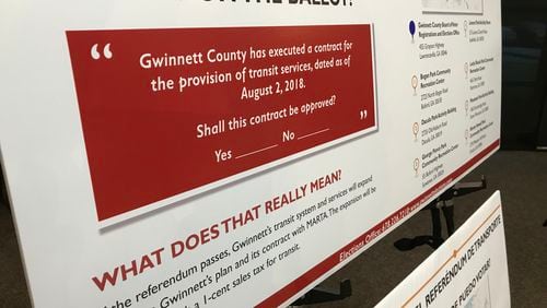 A poster explaining the ballot question for Gwinnett County’s upcoming MARTA referendum. TYLER ESTEP / TYLER.ESTEP@AJC.COM