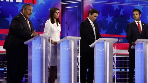 Chris Christie, from left, Nikki Haley, Ron DeSantis and Vivek Ramaswamy will face off Wednesday night in the fourth GOP presidential candidates debate in Tuscaloosa, Alabama. The field of candidates has tightened after North Dakota Gov. Doug Burgum, former Vice President Mike Pence and South Carolina U.S. Sen. Tim Scott dropped out of the race. (Scott McIntyre/The New York Times)