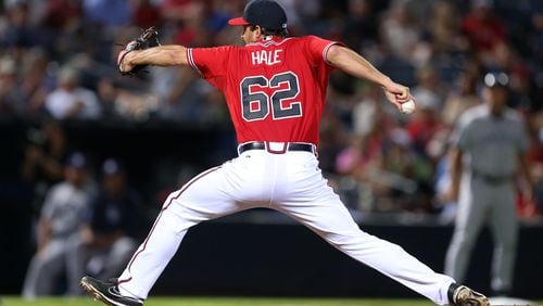 Braves' David Hale (62) delivers a pitch in the 4th inning of their game against the San Diego Padres at Turner Field. JASON GETZ / JGETZ@AJC.COM