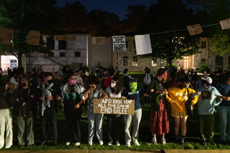 Protesters gather for the third day on the Emory University quad on Saturday, April 27 , 2024. (Ben Hendren for The Atlanta Journal-Constitution)
