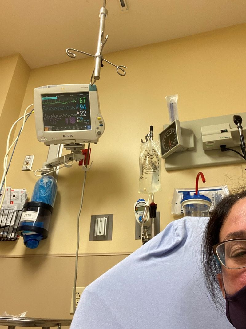 Susan Cohen Grunwald of Alpharetta woman was hospitalized in January with COVID-19. Here she is in the emergency room waiting for a room. 
CONTRIBUTED